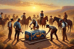 Dall·e 2024 09 18 12 17 13 An 1800s Oil Painting Depicting A Group Of Cowboys Branding A Large Blue And Gold Bag Of Dog Food With A Branding Iron The Scene Is Set During Golden