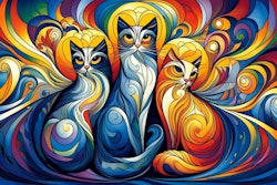 Dall·e 2024 05 21 09 44 27 An Image In The Style Of Der Blaue Reiter, Featuring Three Cats The Design Should Include Vibrant, Vivid Colors And Dynamic Compositions Typical Of T