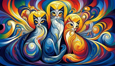 Dall·e 2024 05 21 09 44 27 An Image In The Style Of Der Blaue Reiter, Featuring Three Cats The Design Should Include Vibrant, Vivid Colors And Dynamic Compositions Typical Of T