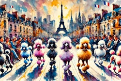 Dall·e 2024 07 25 12 45 27 An Expressionist Watercolor Painting Of French Poodles Walking On A Fashion Runway, With The Paris Skyline Visible In The Background The Scene Is Vib