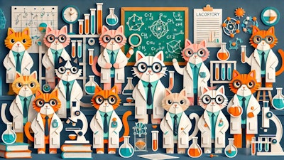 Dall·e 2024 10 02 09 48 07 A Whimsical Paper Cutout Illustration Featuring A Group Of Scientist Cats In A Laboratory Each Cat Is Wearing Lab Coats And Glasses, With Playful Exp