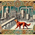 Dall·e 2024 10 07 10 16 40 An Image Inspired By The Book Of Kells, Depicting An Irish Setter Dog Inspecting A Modern Pet Food Production Facility The Scene Combines The Intrica