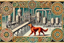 Dall·e 2024 10 07 10 16 40 An Image Inspired By The Book Of Kells, Depicting An Irish Setter Dog Inspecting A Modern Pet Food Production Facility The Scene Combines The Intrica