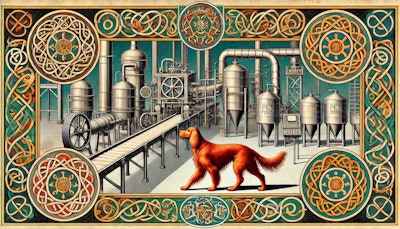 Dall·e 2024 10 07 10 16 40 An Image Inspired By The Book Of Kells, Depicting An Irish Setter Dog Inspecting A Modern Pet Food Production Facility The Scene Combines The Intrica