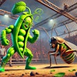 Dall·e 2024 10 08 12 04 40 A Playful, Action Packed Scene Featuring A Humanoid Pea Plant And A Giant Cricket In A Dramatic Showdown Within A Metal Cage Arena The Pea Plant Char