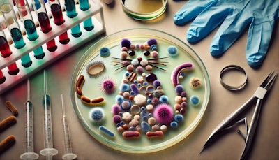 Dall·e 2024 10 11 10 48 33 A Petri Dish With Various Microbes Arranged To Form The Shape Of A Cat The Microbes Are Different Colors And Textures, With Some Appearing Fuzzy, Oth