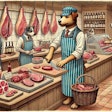 Dall·e 2024 10 16 16 29 48 A Scene Set Inside A Butcher Shop, Where A Humanoid Dog With An Apron And A Butcher’s Hat Is Working Behind The Counter, Preparing Meat The Butcher D