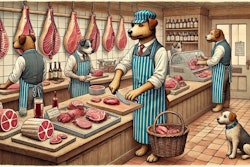 Dall·e 2024 10 16 16 29 48 A Scene Set Inside A Butcher Shop, Where A Humanoid Dog With An Apron And A Butcher’s Hat Is Working Behind The Counter, Preparing Meat The Butcher D