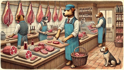 Dall·e 2024 10 16 16 29 48 A Scene Set Inside A Butcher Shop, Where A Humanoid Dog With An Apron And A Butcher’s Hat Is Working Behind The Counter, Preparing Meat The Butcher D