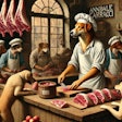 Dall·e 2024 10 16 16 37 50 An Image Inspired By The Style Of Annibale Carracci, Depicting A Humanoid Dog Working Behind The Counter In A Rustic Butcher Shop The Dog, Dressed In