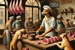 Dall·e 2024 10 16 16 37 50 An Image Inspired By The Style Of Annibale Carracci, Depicting A Humanoid Dog Working Behind The Counter In A Rustic Butcher Shop The Dog, Dressed In