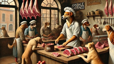 Dall·e 2024 10 16 16 37 50 An Image Inspired By The Style Of Annibale Carracci, Depicting A Humanoid Dog Working Behind The Counter In A Rustic Butcher Shop The Dog, Dressed In