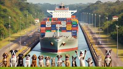 Dall·e 2024 10 21 15 53 54 A Cargo Ship Loaded With Pet Food Containers Is Passing Through The Panama Canal The Ship Is Large, With Stacks Of Colorful Containers Labeled With P