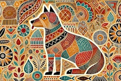 Dall·e 2024 10 22 08 45 01 A Gond Painting Of A Dog, Depicted In The Traditional Indian Gond Art Style The Dog Is Shown In A Side Profile, Surrounded By Vibrant And Intricate P