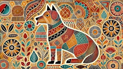 Dall·e 2024 10 22 08 45 01 A Gond Painting Of A Dog, Depicted In The Traditional Indian Gond Art Style The Dog Is Shown In A Side Profile, Surrounded By Vibrant And Intricate P