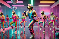 Dall·e 2024 10 25 07 19 19 An Image Inspired By A 1980s Workout Video Featuring Humanoid Dogs Performing Aerobics The Dogs Are Wearing Colorful, Retro Workout Outfits With Leg
