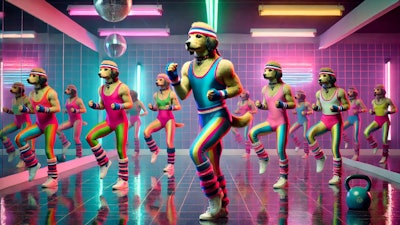Dall·e 2024 10 25 07 19 19 An Image Inspired By A 1980s Workout Video Featuring Humanoid Dogs Performing Aerobics The Dogs Are Wearing Colorful, Retro Workout Outfits With Leg