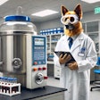 Dall·e 2024 10 30 10 49 22 A Humanoid Dog Dressed As A Scientist, Wearing A White Lab Coat, Safety Goggles, And Gloves, Standing Next To A Bacterial Fermenter In A Modern Labora