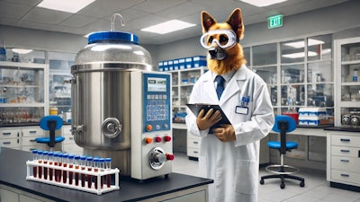 Dall·e 2024 10 30 10 49 22 A Humanoid Dog Dressed As A Scientist, Wearing A White Lab Coat, Safety Goggles, And Gloves, Standing Next To A Bacterial Fermenter In A Modern Labora