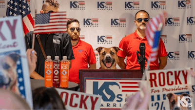 Service-dog-in-training Rocky throws his paws into the 2024 Presidential race.