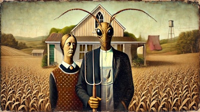 Dall·e 2024 11 07 10 13 37 A Detailed, Aged Oil Painting Depicting A Humanoid Insect Couple Standing In Front Of A Farmhouse In A Rural, Pastoral Setting The Man, A Tall Insect