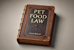 Dall·e 2024 07 08 12 43 49 A Thick, Leather Bound Book Titled 'pet Food Law' By Legal Beagle The Cover Is Made Of Dark Brown Leather With Gold Embossed Lettering For The Title