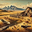 Dall·e 2024 11 07 10 36 56 An Aged Oil Painting In The Style Of William Herbert 'buck' Dunton, Depicting A Rustic Insect Ranch Set In The Open Plains The Scene Shows Various In