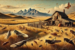 Dall·e 2024 11 07 10 36 56 An Aged Oil Painting In The Style Of William Herbert 'buck' Dunton, Depicting A Rustic Insect Ranch Set In The Open Plains The Scene Shows Various In