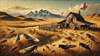 Dall·e 2024 11 07 10 36 56 An Aged Oil Painting In The Style Of William Herbert 'buck' Dunton, Depicting A Rustic Insect Ranch Set In The Open Plains The Scene Shows Various In