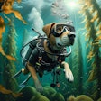 Dall·e 2024 11 12 11 00 05 A Humanoid Dog Scuba Diving In An Underwater Kelp Forest The Dog Has A Realistic Canine Head With Scuba Gear, Including A Mask, Oxygen Tank, And Fins