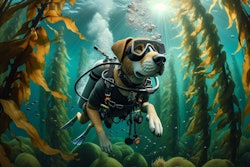 Dall·e 2024 11 12 11 00 05 A Humanoid Dog Scuba Diving In An Underwater Kelp Forest The Dog Has A Realistic Canine Head With Scuba Gear, Including A Mask, Oxygen Tank, And Fins