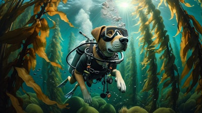 Dall·e 2024 11 12 11 00 05 A Humanoid Dog Scuba Diving In An Underwater Kelp Forest The Dog Has A Realistic Canine Head With Scuba Gear, Including A Mask, Oxygen Tank, And Fins