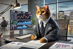 Dall·e 2024 11 26 09 14 51 A Realistic Cgi Image Of A Cat Dressed As A Stock Broker The Cat Is Wearing A Tailored Business Suit With A Tie, Sitting At A Modern Desk Surrounded