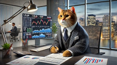 Dall·e 2024 11 26 09 14 51 A Realistic Cgi Image Of A Cat Dressed As A Stock Broker The Cat Is Wearing A Tailored Business Suit With A Tie, Sitting At A Modern Desk Surrounded