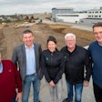 Volkmann CEO Thilo Volkmann (second from left) celebrates the start of construction on the manufacturer's new facility in Soest, Germany, with production managers Michael Ernst (left) and Carsten Schröer (right), and the two architects, Pia Rüller and Arno Biesenbaum.