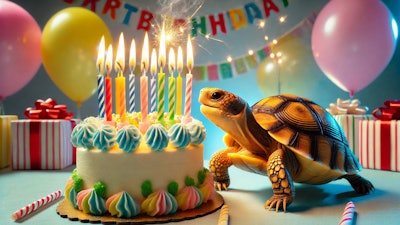 Dall·e 2024 12 05 15 23 34 A Charming And Playful Scene Of A Box Turtle Blowing Out The Candles On A Birthday Cake The Turtle Is Positioned Close To A Colorful Cake Decorated W