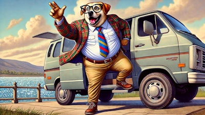 Dall·e 2024 12 10 06 01 37 A Whimsical Illustration Of An Overweight Dog Wearing Thick Glasses, A Plaid Sports Coat, A White Dress Shirt, A Tie, And Tight High Waisted Pants Th