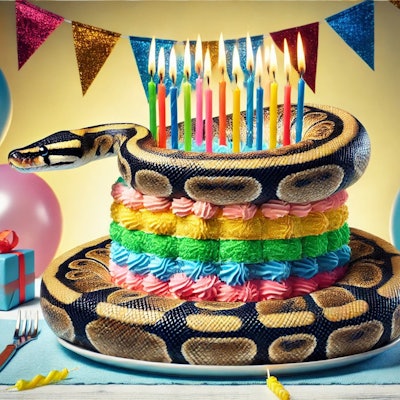 Dall·e 2024 12 05 12 48 24 A Surreal And Humorous Scene Featuring A Ball Python Constricting A Colorful Birthday Cake The Cake Is Layered, Decorated With Vibrant Icing, And Top