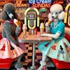 Dall·e 2024 12 03 11 35 28 A Kitschy 1950s Scene Featuring Two Poodles Eating Ice Cream Sundaes In A Classic American Diner The Diner Is Styled With Vibrant Chrome Accents, Neo