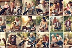 Dall·e 2024 12 12 12 01 09 A Collage Showing A Diverse Range Of Human Demographic Groups Feeding Kibble To Their Dogs In Various Settings Include People Of Different Ages, Ethn