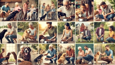 Dall·e 2024 12 12 12 01 09 A Collage Showing A Diverse Range Of Human Demographic Groups Feeding Kibble To Their Dogs In Various Settings Include People Of Different Ages, Ethn