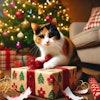 Dall·e 2024 12 17 11 27 56 A Calico Cat With A Guilty Expression, Caught In The Act Of Scratching The Wrapping Paper Off A Christmas Present The Scene Is Under A Decorated Chri
