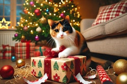 Dall·e 2024 12 17 11 27 56 A Calico Cat With A Guilty Expression, Caught In The Act Of Scratching The Wrapping Paper Off A Christmas Present The Scene Is Under A Decorated Chri