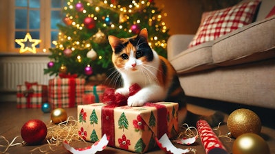 Dall·e 2024 12 17 11 27 56 A Calico Cat With A Guilty Expression, Caught In The Act Of Scratching The Wrapping Paper Off A Christmas Present The Scene Is Under A Decorated Chri