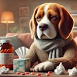 Dall·e 2024 12 20 08 59 08 A Humanoid Beagle With A Sickly Appearance Sitting At A Table, Examining A Bottle Of Vitamins With A Paw Instead Of A Human Like Hand The Dog Wears A