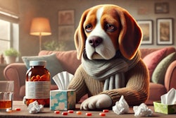 Dall·e 2024 12 20 08 59 08 A Humanoid Beagle With A Sickly Appearance Sitting At A Table, Examining A Bottle Of Vitamins With A Paw Instead Of A Human Like Hand The Dog Wears A