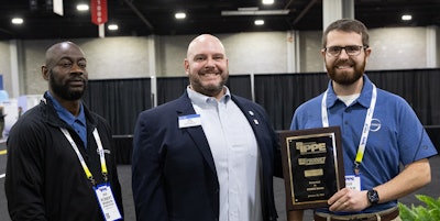 2025 IPPE New Product Showcase Best of the Best in Processing presented to STOBER Drives. From left are Robert Brandon, web developer/marketing, Stober Drives; Eric Zito, vice president, business development, Meat Institute; and Blake Thayer, product manager, STOBER Drives.