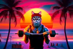 Dall·e 2024 05 17 09 58 26 A Dramatic Scene From The Training Montage Of An Action Hero In An 80s Movie The Hero Is An Anthropomorphic Cat Wearing A Red Headband, Lifting Weigh