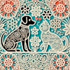 Dall·e 2025 01 02 17 20 32 A Traditional Mexican Papel Picado Design Featuring Detailed Silhouettes Of A Dog And A Cat, Intricately Cut With Floral And Geometric Patterns Surrou
