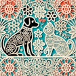 Dall·e 2025 01 02 17 20 32 A Traditional Mexican Papel Picado Design Featuring Detailed Silhouettes Of A Dog And A Cat, Intricately Cut With Floral And Geometric Patterns Surrou